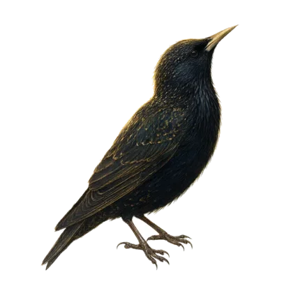 The Starling Scribe, a small black-gold bird